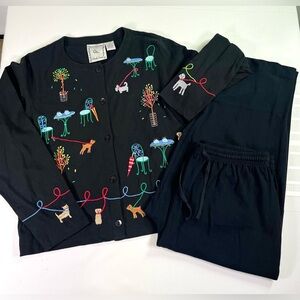 Michael Simon Lite Dog Embroidered Lounge Set Black 2 Pc Pajamas Large Novelty